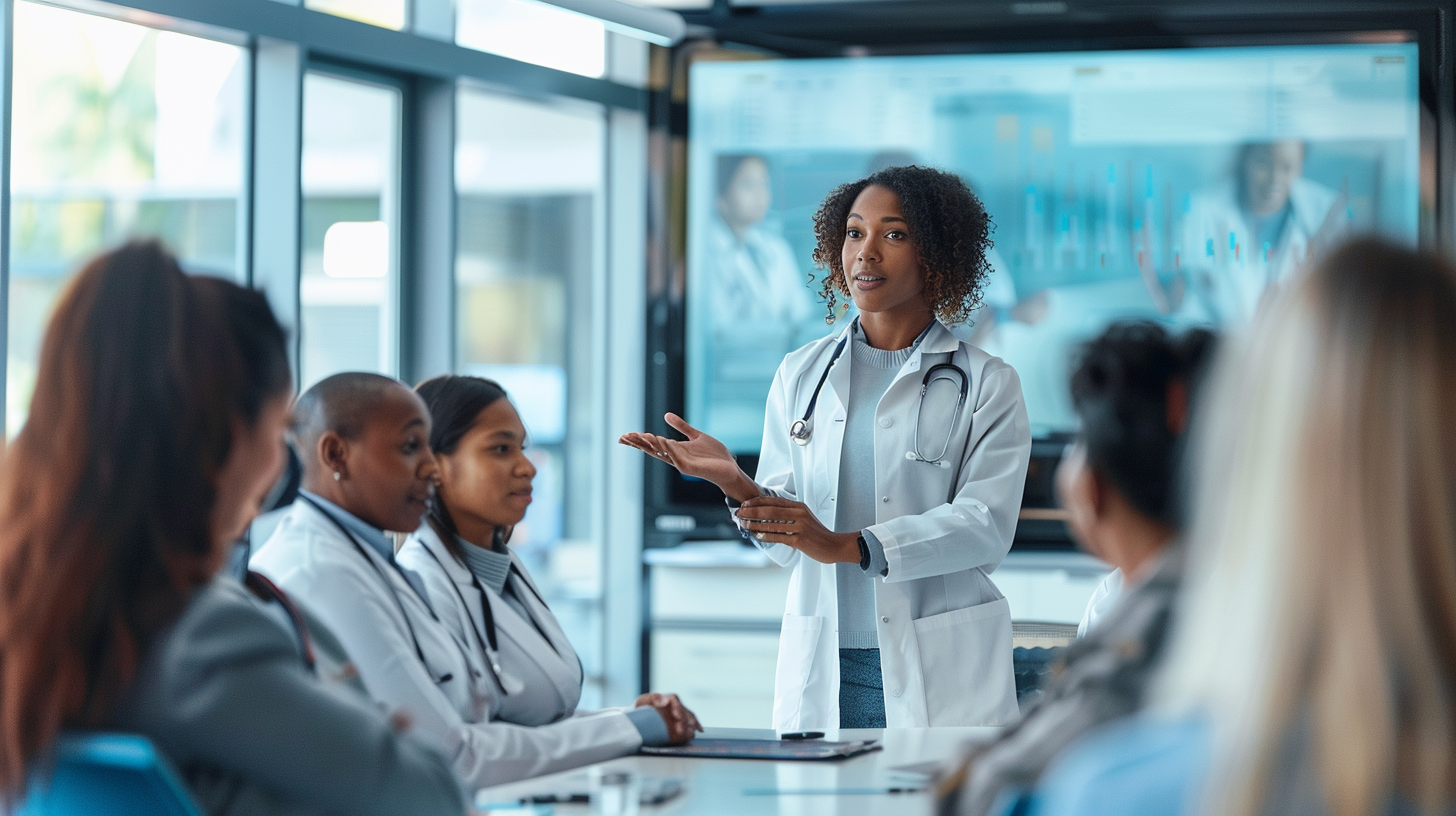 intern confidently presenting clinical research findings to a diverse group of attentive healthcare professional