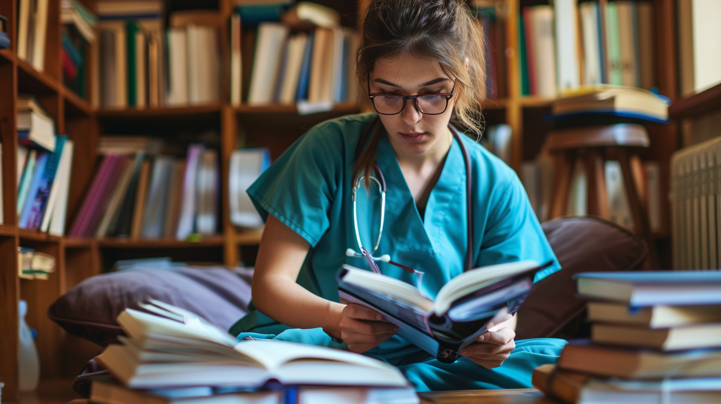 medical student studying with MCAT prep books and taking notes while also wearing scrubs and a stethoscope