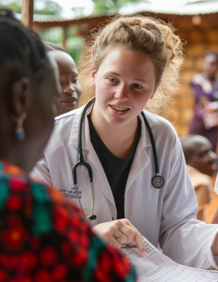 medical student working in a rural village clinic, surrounded by local community members medical student working in a rural village clinic, surrounded by local community members